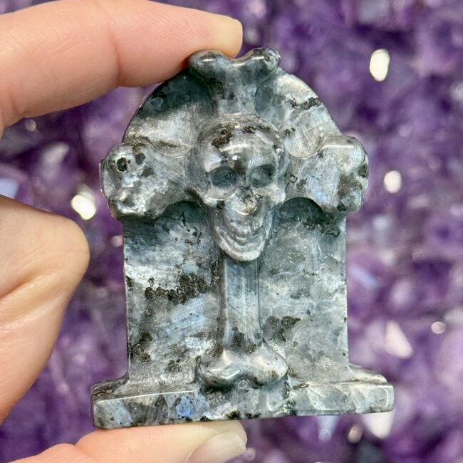 Black Labradorite (Larvikite) Tombstone Gravestone with Skull and Cross Carving Figurine - 2"