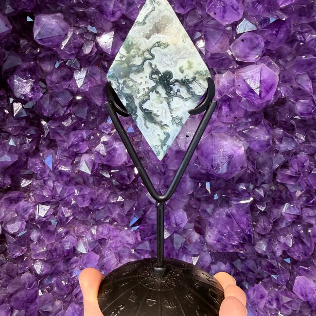 Moss Agate Diamond on Black Zodiac Astrology Stand Pin (6"-7")