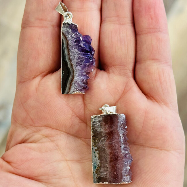 Amethyst Pendants - Bar Slice Slab - Rough Raw Natural Rectangle Flat - Silver Plated
