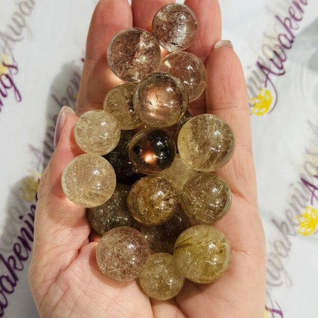 Gold (Golden Rutile Angel Venus Hair) Rutilated Quartz Sphere Orb (AAA Grade) - 15-20mm with Stand