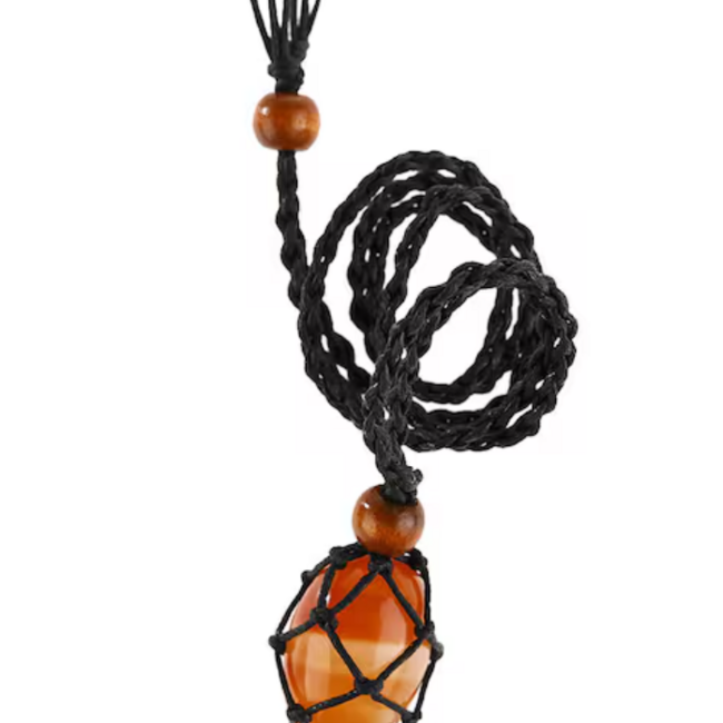 Macrame Black Crystal Cage Necklace Holder Brown Beaded-Net Bag Adjustable 16"-18"- Small-Medium Crystals