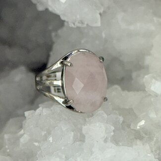 Rose Quartz Ring - Adjustable Oval Faceted Silver Plated