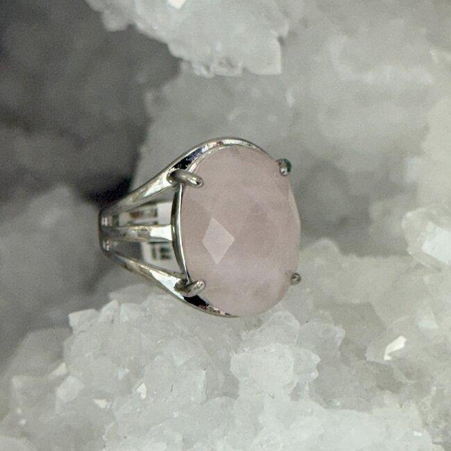 Rose Quartz Ring - Adjustable Oval Faceted Silver Plated