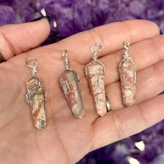 Rhodochrosite Pendants - Wire Wrapped Faceted Points - Silver Plated