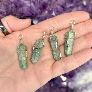 Chrysocolla Pendants - Wire Wrapped Faceted Points - Silver Plated