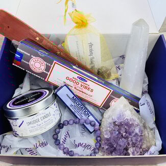 Less Stress (Anxiety Relief) Kit - Incense, Sage Candle, Selenite Tower, Amethyst Druzy, Lepidolite Bracelet and Mediation Oil