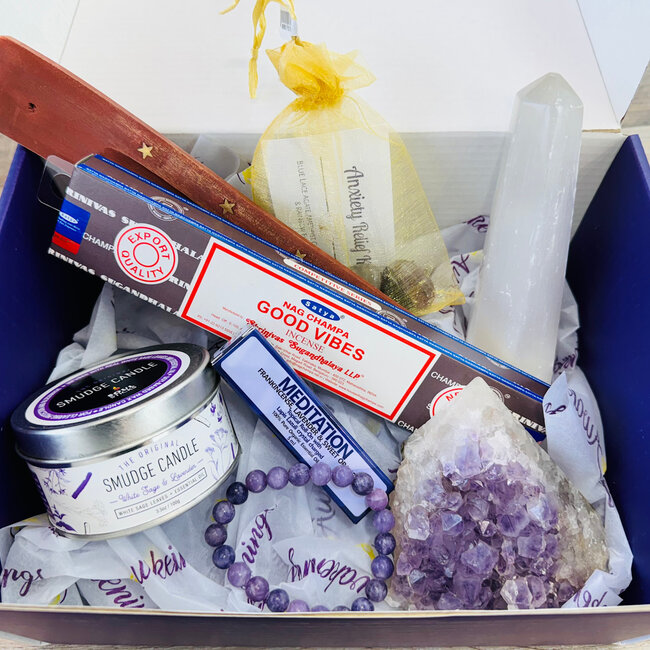 Less Stress (Anxiety Relief) Kit - Incense, Sage Candle, Selenite Tower, Amethyst Druzy, Lepidolite Bracelet and Mediation Oil