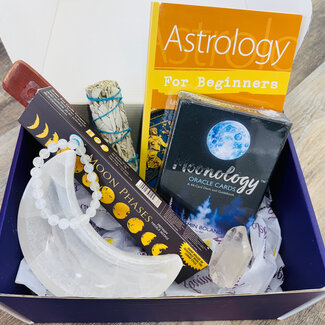 Lunar Moon Child Kit - Astrology Book, Moonology Cards, Selenite Moon Bowl, Rainbow Moonstone Bracelet, Incense & Sled