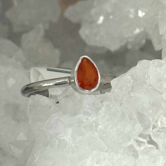 Carnelian Rings - Size 5 Teardrop Pear Faceted Stackable - Bezel Set Sterling Silver