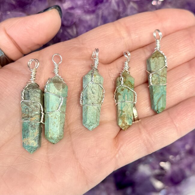 Turquoise Pendants - Wire Wrapped Faceted Points - Silver Plated