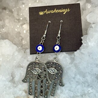 Hamsa (Fatima) Hand Earrings - Dangle Blue Evil Eye Beaded Silver Plated