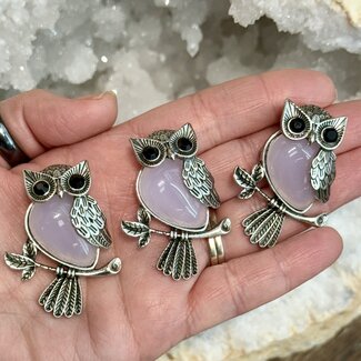 Rose Quartz Pendants - Owl 2" Silver Plated
