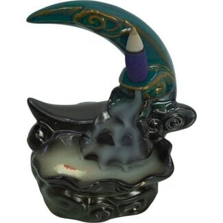 Backflow Reverse Flow Incense Cone Burner Ceramic (Koi Fish Moon) - Green & Brown  5.5" -  Cascading Waterfall
