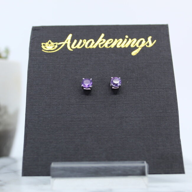 Amethyst Earrings - 4mm Stud Faceted Claw Prong Set - Sterling Silver