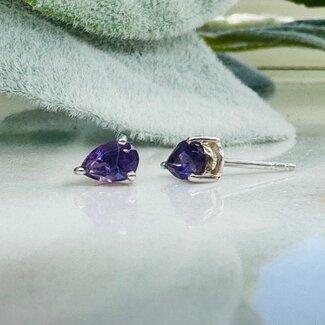 Amethyst Earrings - Studs Teardrop Pear Claw Prong Set - Sterling Silver
