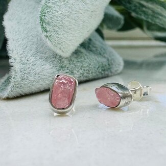 Rose Quartz Earrings - Studs Natural Bezel Set - Sterling Silver Rough Raw