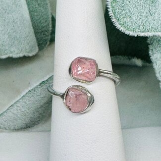 Rose Quartz Rings - Adjustable (Size 7-8) Rough Two Stone Bezel Set - Sterling Silver Raw Natural