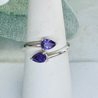 Amethyst Rings - Two Stone Faceted Teardrop Pear Claw Prong Set - Sterling Silver