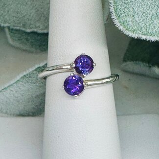Amethyst Rings - Size 7 Two Stone Faceted Round Circle Claw Prong Set - Sterling Silver