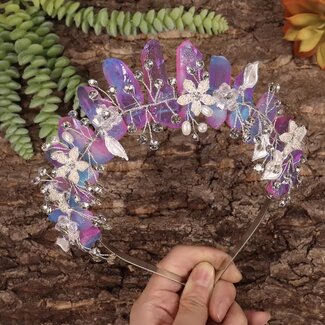 Purple Pink Angel Aura Quartz Crown Tiara -  Flowers & Pearls (Gold Plated) Crystal Headband Hair Accessories