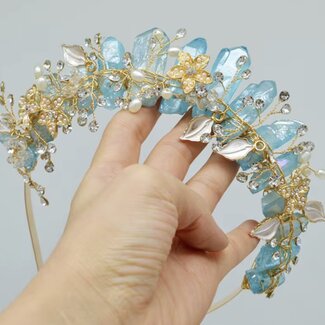 Blue Angel Aura Quartz Crown Tiara -  Flowers & Pearls (Gold Plated) Crystal Headband Hair Accessories