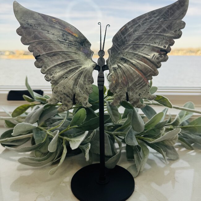 Purple Labradorite Butterfly Wings on Black Pin Stand - 12" Large Carving Specimen
