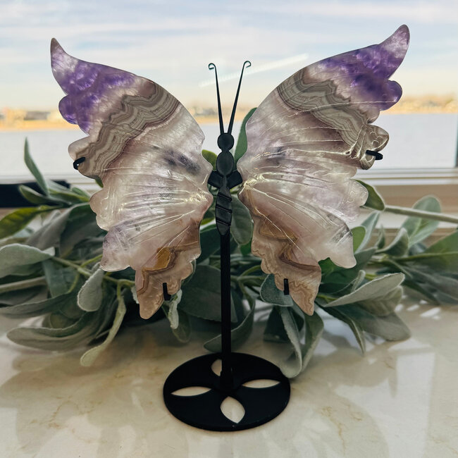 Amethyst & Crazy Lace Agate Butterfly Wings on Black Pin Stand - 9" Carving Specimen