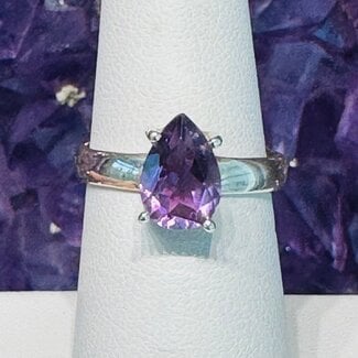 Amethyst Ring - Size 7.5 Tear Drop Pear Faceted Claw Prong Set - Sterling Silver .925
