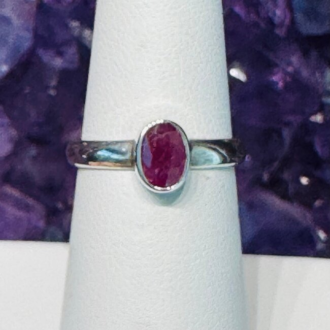 Ruby Rings - Size 7 Oval Faceted Bezel Set - Sterling Silver