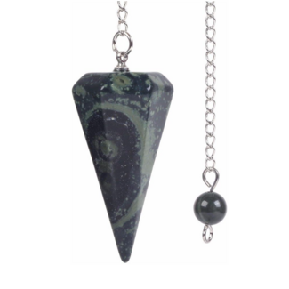 Crocodile (Kambaba) Jasper (Green Stromatolite) Pendulums - Dowsing Hexagonal Faceted Cone Point Divination - Silver Chain - Crystal Gemstone