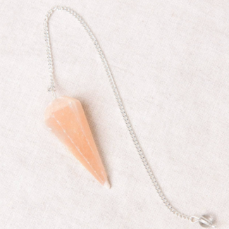 Orange Peach Selenite (Satin Spar Gypsum) Pendulum - Dowsing Hexagonal Faceted Cone Point Divination - Silver Chain Crystal Gemstone