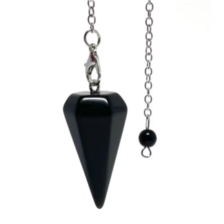 Black Obsidian Pendulum-Dowsing Hexagonal Faceted Cone Point Divination-Silver Chain-Crystal Gemstone