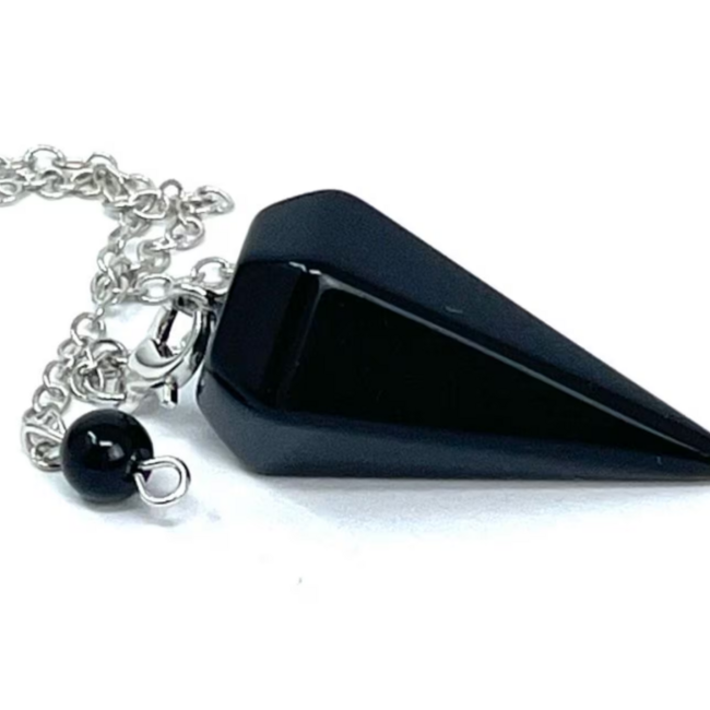 Black Obsidian Pendulum-Dowsing Hexagonal Faceted Cone Point Divination-Silver Chain-Crystal Gemstone