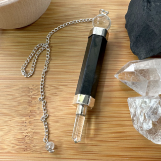 Shungite & Clear Quartz  Pendulums - Dowsing Hexagonal Faceted Clear Quartz Point & Ball Divination - Silver Chain