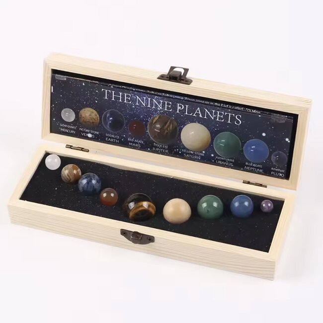 Solar System Set & 9 Planet Wooden Display Set Kit - Natural Crystals