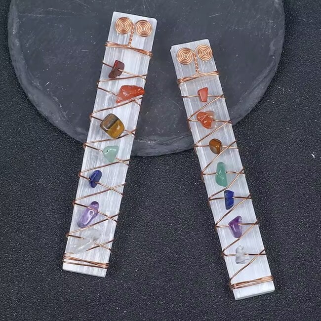 Selenite (Satin Spar Gypsum) & Chakra Stones Copper Wire Wrapped 3" Stick