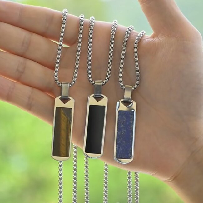 Lapis Lazuli Dogtag Dog Tag Necklaces - Men's 20" Box Chain Rectangle Stainless Steel