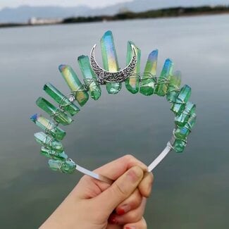Green Aura Quartz Tiara Crown - Rough Points Silver Plated Crescent Moon - Crystal Headband Hair Accessories