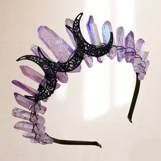 Purple Aura Quartz Tiara Crown - Rough Points Triple Crescent Moon (Black) - Crystal Headband Hair Accessories