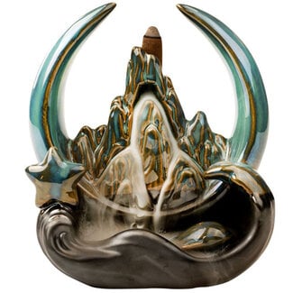 Backflow Reverse Flow Incense Cone Burner Ceramic (Koi Fish Moon & Mountain Scene) - Green, Teal & Brown  7"