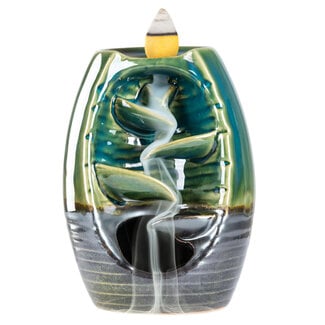 Backflow Reverse Flow Incense Cone Ceramic Burner - Cascading Leaves Waterfall - Brown & Aqua, 8" Tall