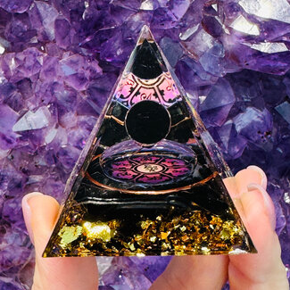 Black Obsidian Orgonite Orgone Pyramid 2" - Black Sphere Astro Copper Ring -  Gold Flakes Energy Generator EMF Blocker Sacred Geometry