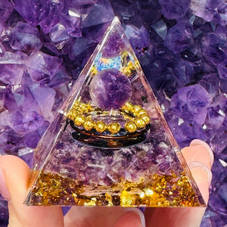 Amethyst Orgonite Orgone Pyramid 2" - Purple Sphere Gold Bead Chakra Metatron -  Gold Flakes Energy Generator EMF Blocker Sacred Geometry