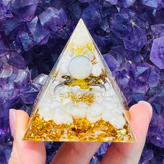White Agate Orgonite Orgone Pyramid 2" - White Sphere on Metatron -  Gold Flakes Energy Generator EMF Blocker Sacred Geometry