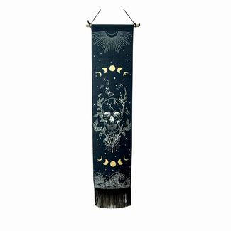 Tapestry Banner Wall Hanging Decor - Gothic Skull with Moon Phases, Butterflies, Crystals and Waves - Large 53in x 12.5in Home Decor - Black and White