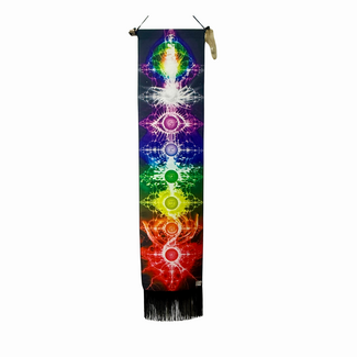 Tapestry Banner Wall Hanging Decor - Seven (7) Chakra Symbols  - Black Background, Multi Color Symbols Large 53in x 12.5in Home Decor