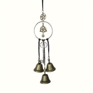 Witch Wicca Bells Hanging - 3 Bells with Antique Key & Spiritual Symbol Charms - Chime Protection Handmade