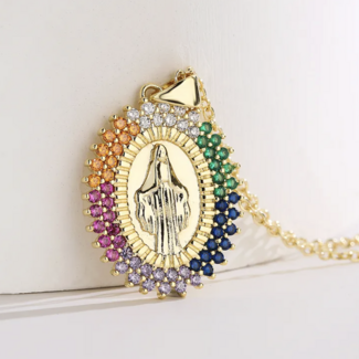 Virgin Mary Copper 18k Gold Plated Zircon Pendant Necklace - Dual Layer