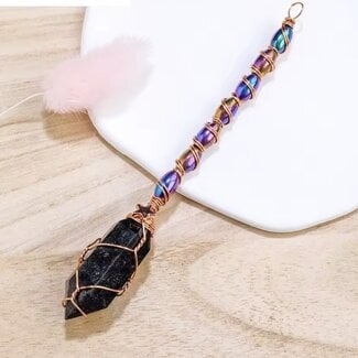 Black Obsidian Hexagonal Pillar Scepters - Double Terminated - Copper Wire Wrapped Multi Colored Jewels Magic Wand Ornament