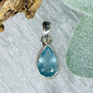 Aquamarine Pendants - Teardrop Pear Faceted Double Bezel Set - Sterling Silver